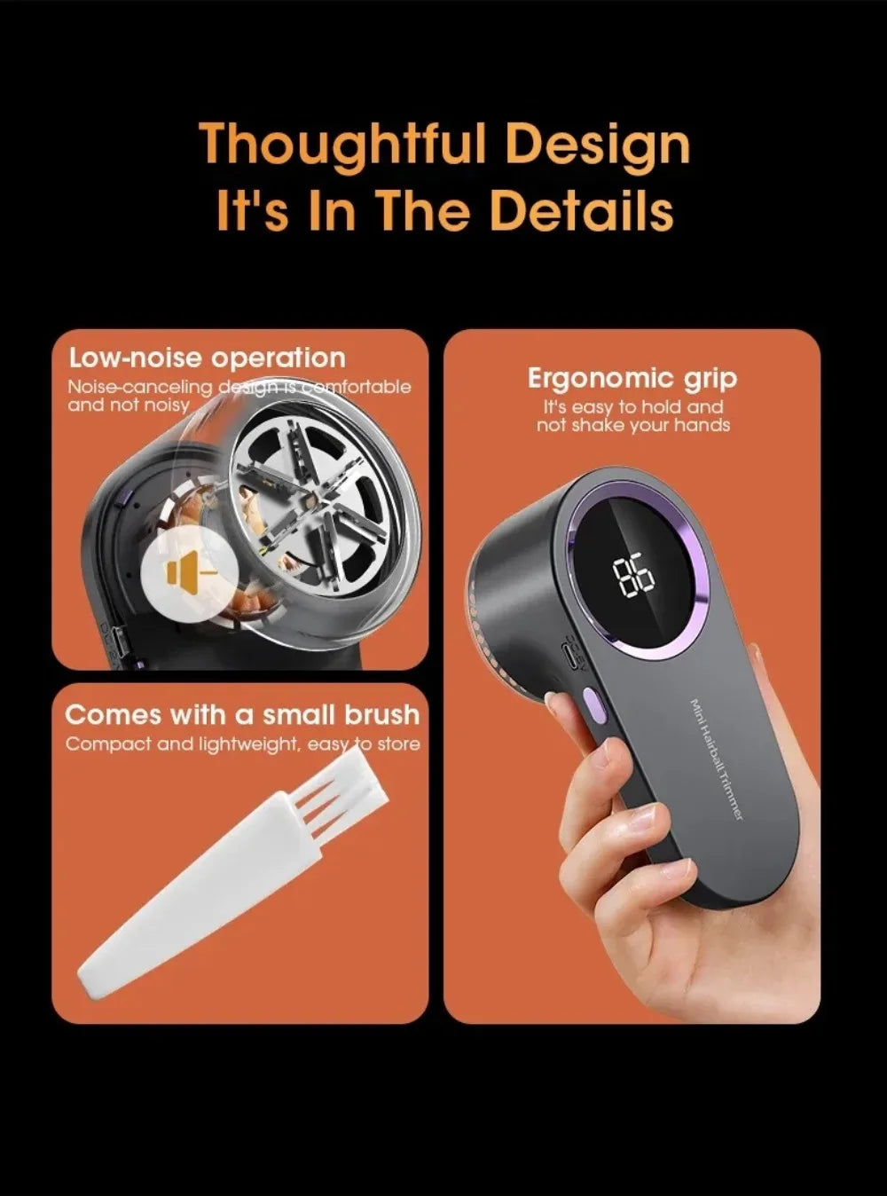 Portable lint remover features low-noise operation, ergonomic grip for ease of use, and includes a small brush for cleaning.