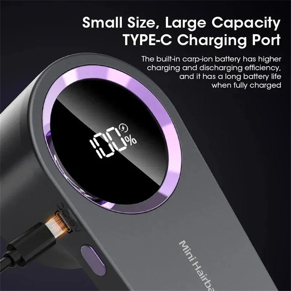 Portable lint remover showing small size and large capacity with TYPE-C charging port and battery indicator.