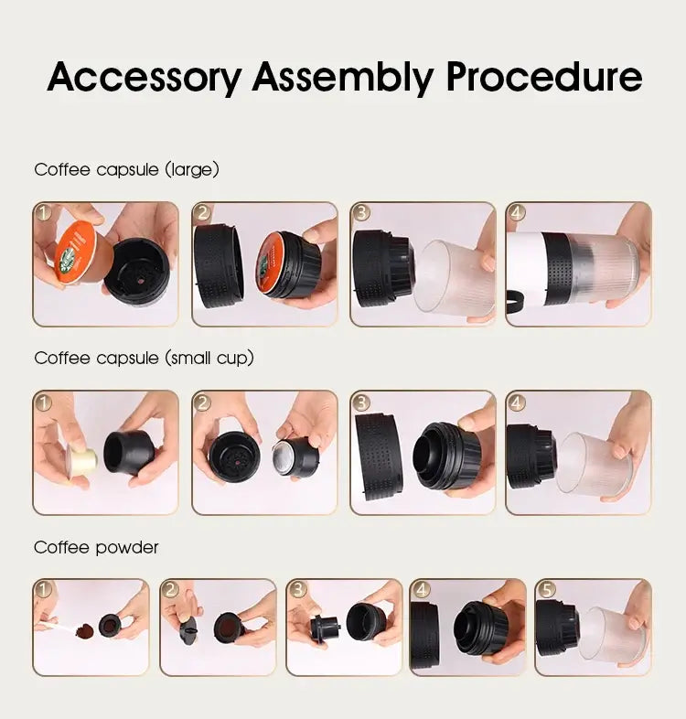Step-by-step accessory assembly procedure for portable espresso coffee maker for travel.