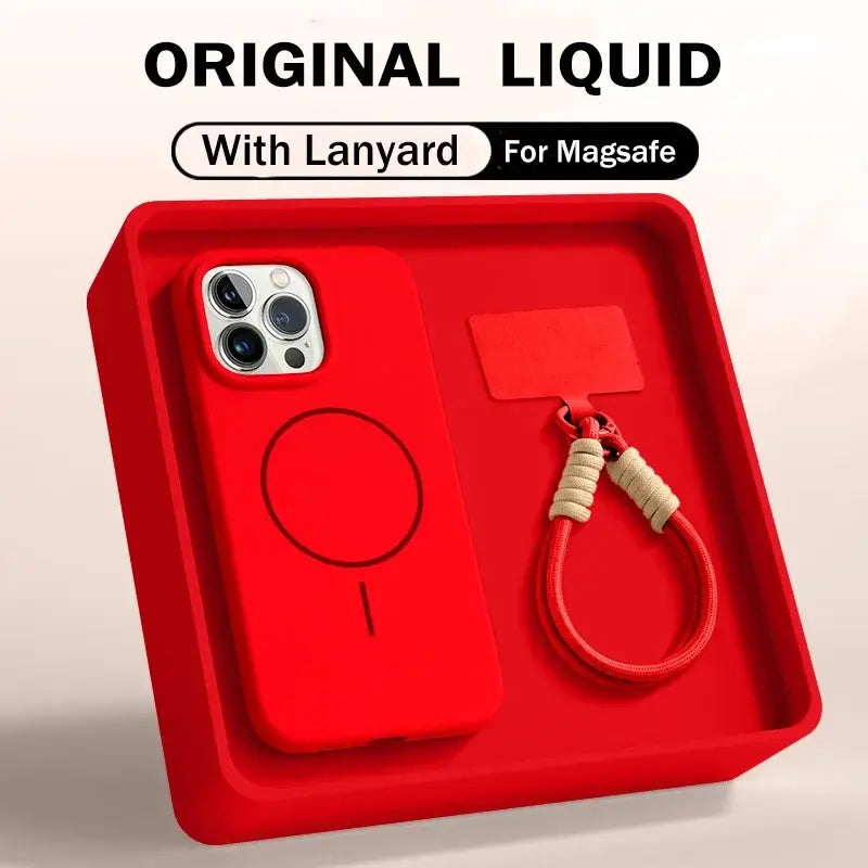 Premium Liquid Silicone Lanyard Case for iPhone 17 Pro Max – MagSafe Magnetic Soft Protective Cover displayed in red.
