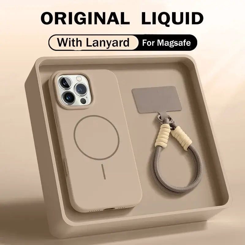 Premium Liquid Silicone Lanyard Case for iPhone 17 Pro Max – MagSafe Magnetic Soft Protective Cover in beige with lanyard