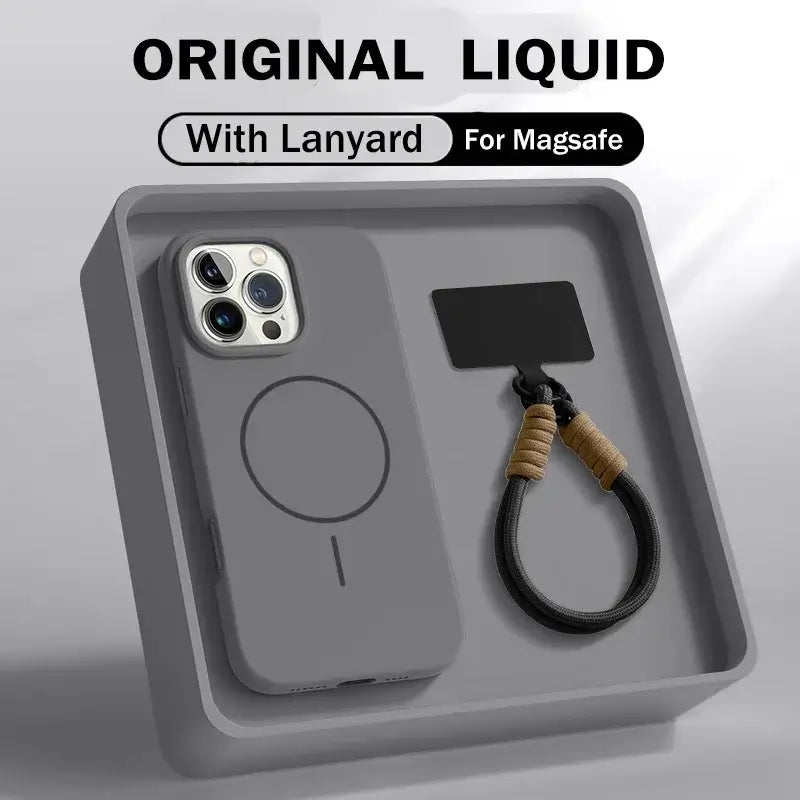 Premium Liquid Silicone Lanyard Case for iPhone 17 Pro Max – MagSafe Magnetic Soft Protective Cover in gray with lanyard.