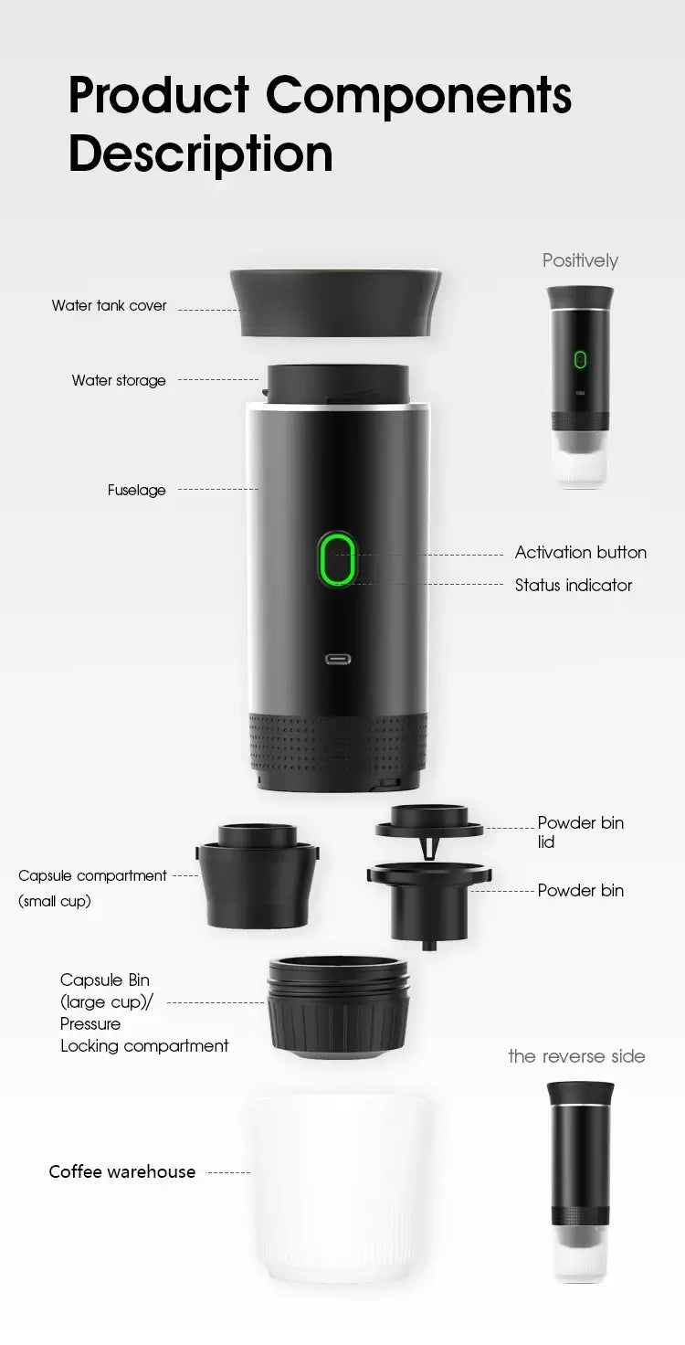 Diagram showing product components description of portable espresso coffee maker for travel including buttons and storage.