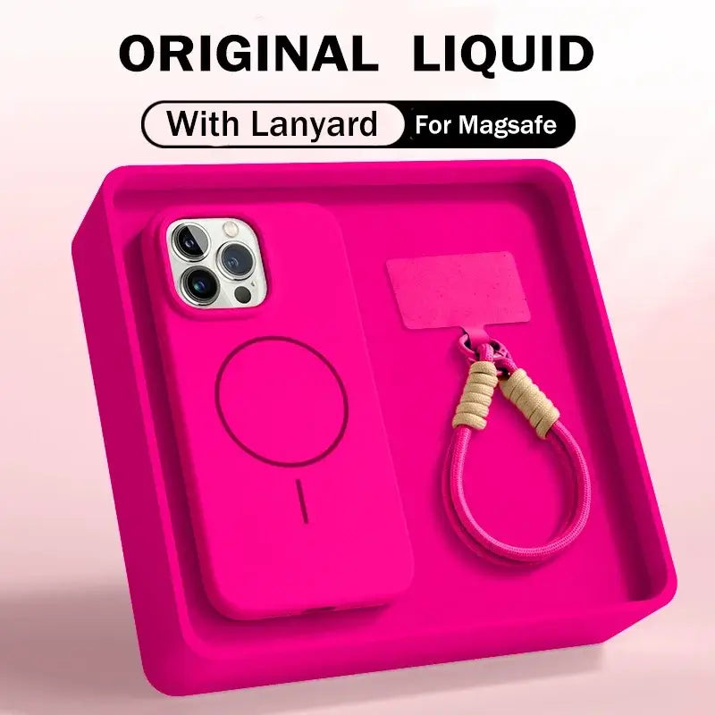 Premium Liquid Silicone Lanyard Case for iPhone 17 Pro Max – MagSafe Magnetic Soft Protective Cover in vibrant pink.