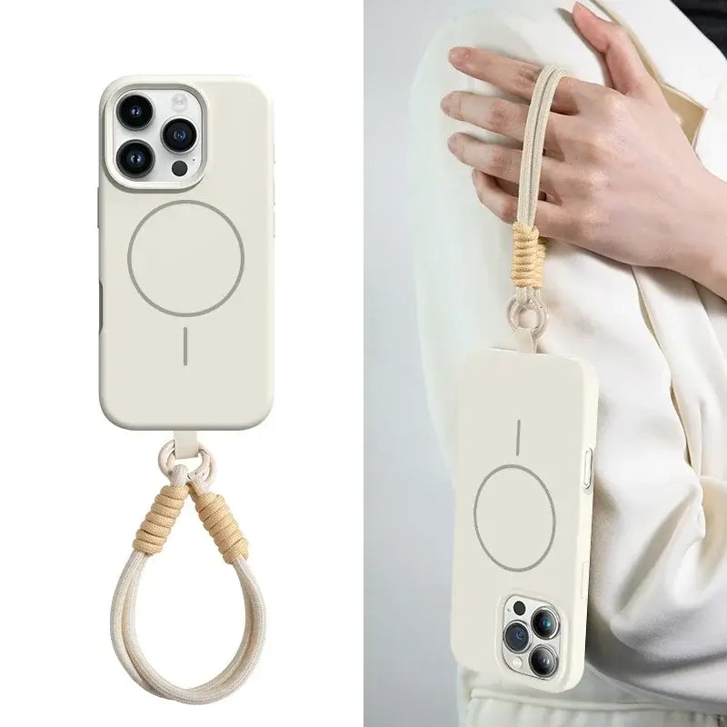 Premium liquid silicone lanyard case for iPhone 17 Pro Max shown with a hand holding it, highlighting its MagSafe feature.