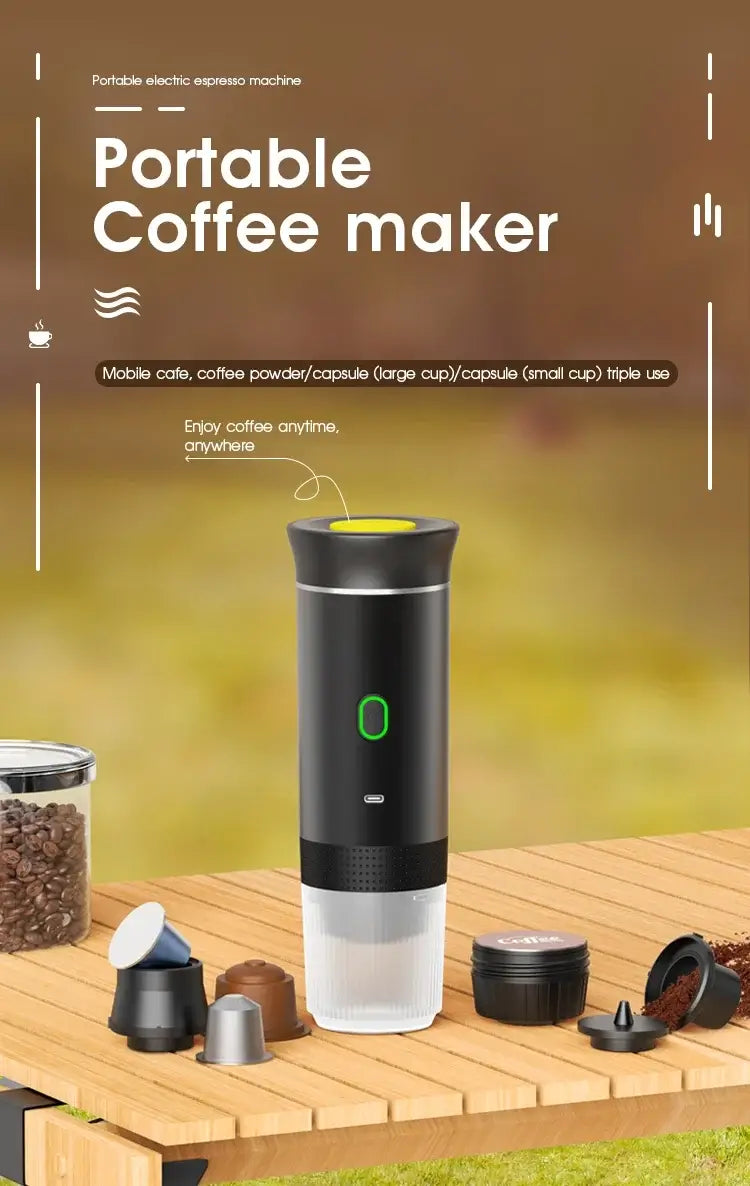 Portable espresso coffee maker for travel on a table with coffee beans and capsules, showcasing its versatility and design.
