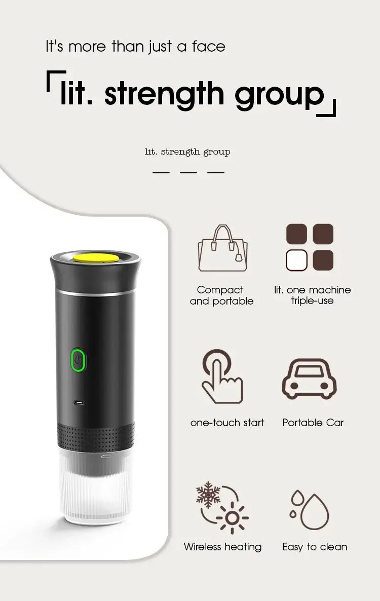 Portable espresso coffee maker for travel with one-touch start and compact design.