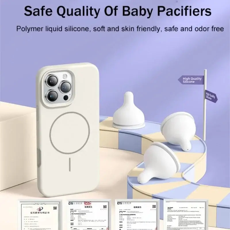 Liquid silicone lanyard case for iPhone 17 Pro Max with baby pacifiers on display.