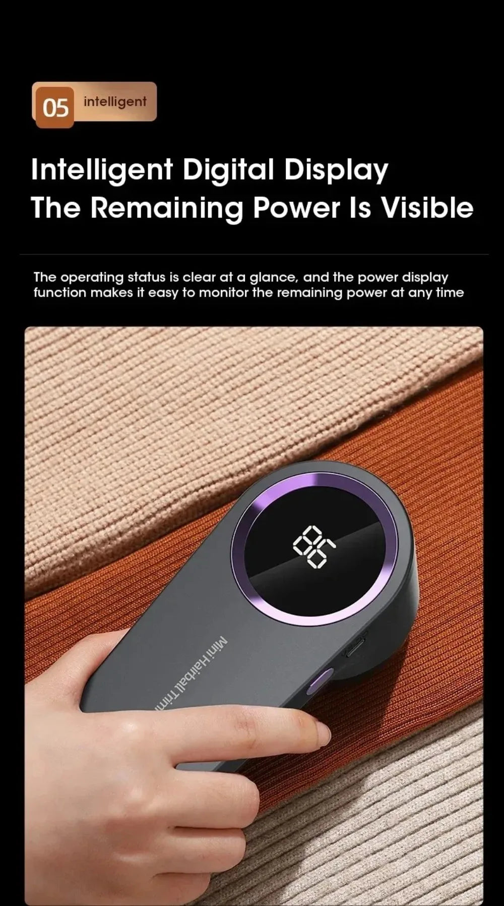 Portable lint remover with digital display showing remaining power, designed for effective fabric care.