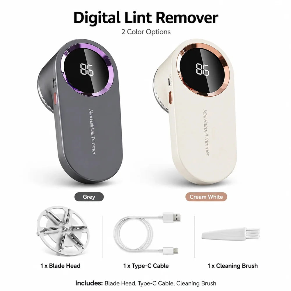 Portable lint remover in grey and cream white with accessories for effective fabric care.