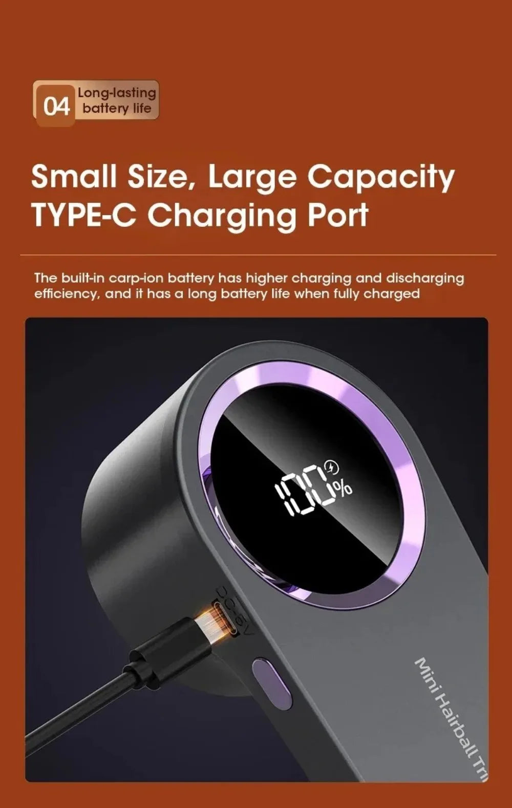 Portable lint remover with TYPE-C charging port, compact design, and efficient battery life for fabric care.