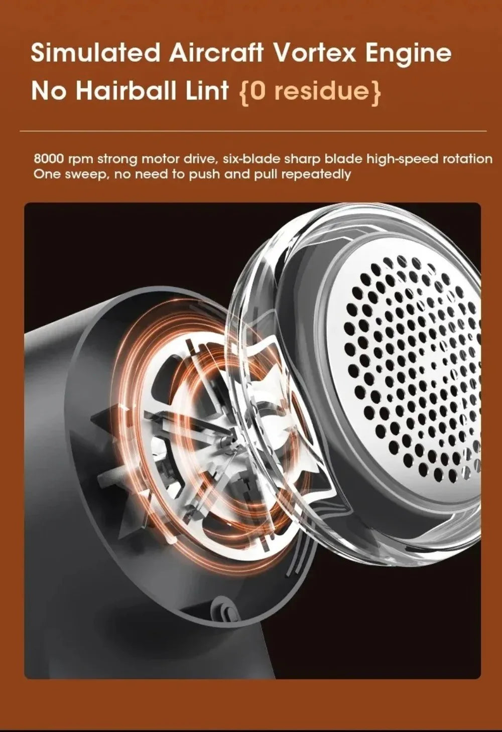 Portable lint remover showcasing simulated aircraft vortex engine for effective lint removal without residue.