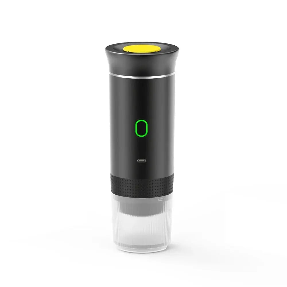 Portable espresso coffee maker for travel with modern design and built-in power indicator.