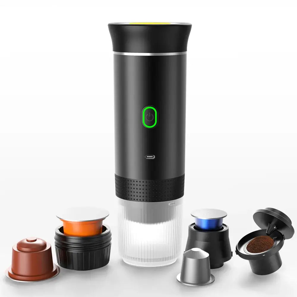 Portable espresso coffee maker for travel with coffee pods displayed around it.