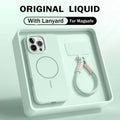 liquid silicone lanyard case iPhone 17 Pro Max shown with MagSafe and lanyard in green color.