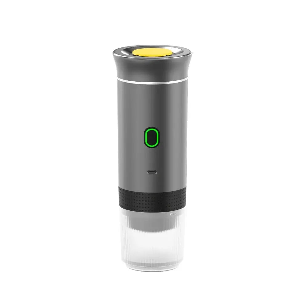 Compact and modern portable espresso coffee maker for travel with a sleek design and user-friendly interface.