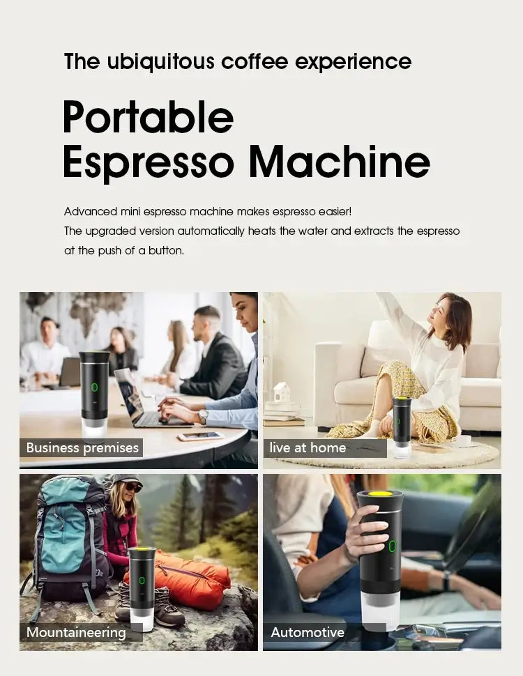 Portable espresso coffee maker for travel shown in business, home, mountaineering, and automotive settings.