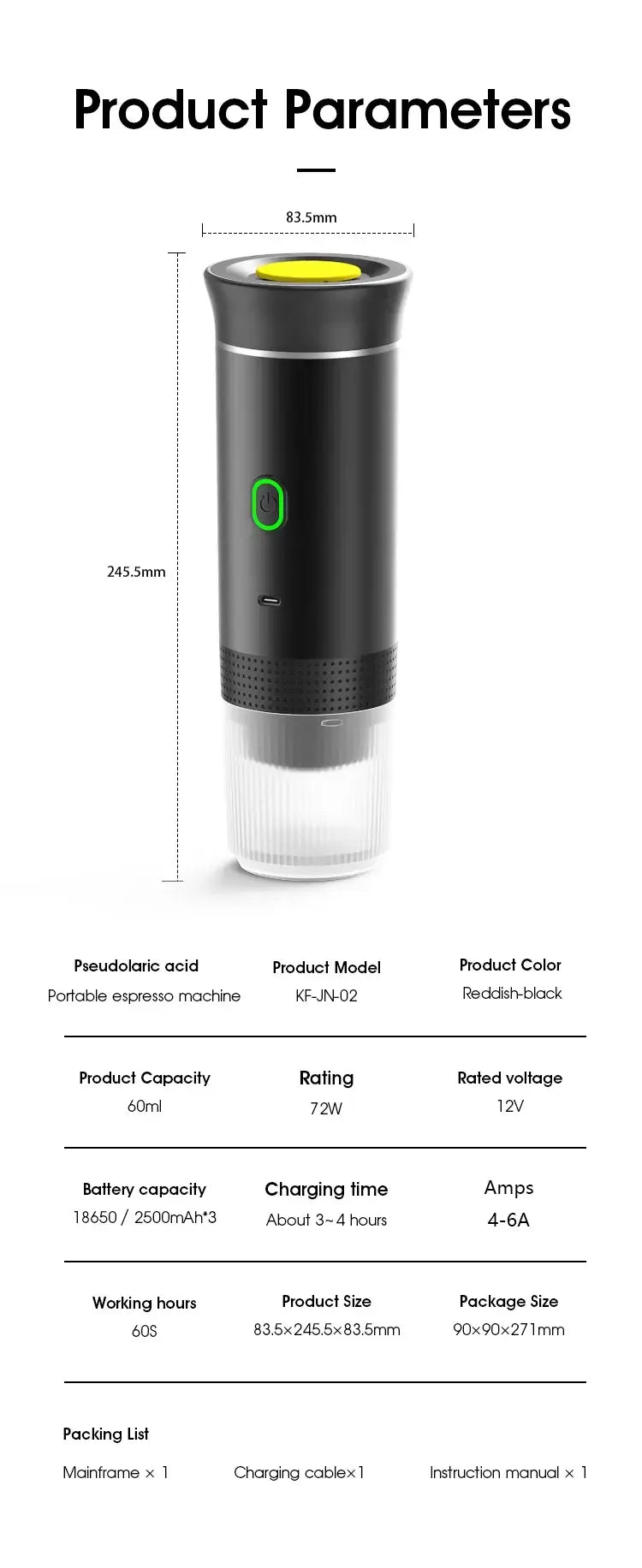 Portable espresso coffee maker for travel specifications and product parameters, highlighting model KF-JN-02.