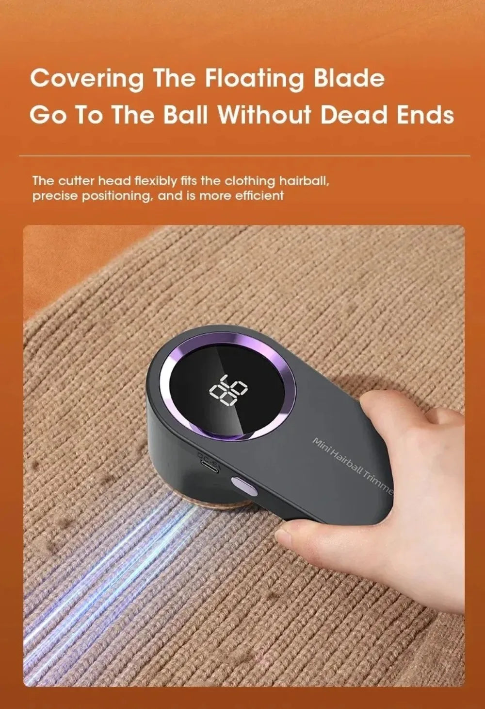 Portable lint remover in use on a carpet, effectively removing lint and fuzz with precision and efficiency.