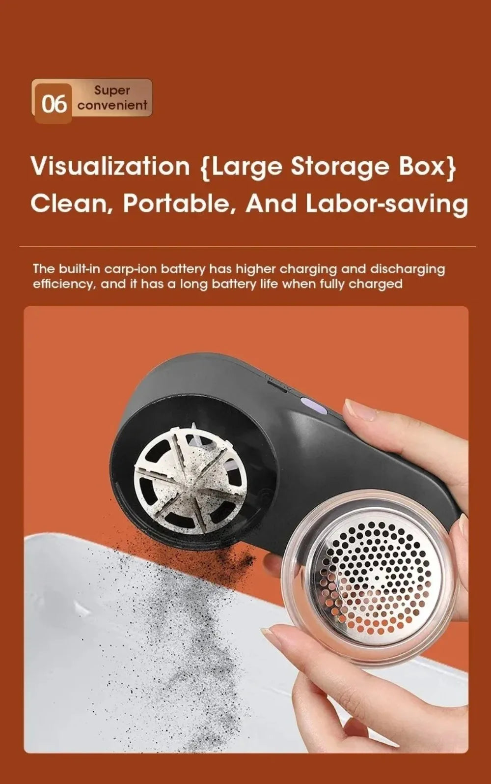 Close-up of a portable lint remover showing its large storage box and clean design for efficient fabric care.