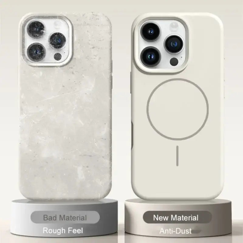Comparison of liquid silicone lanyard case for iPhone 17 Pro Max with bad material vs. new material features