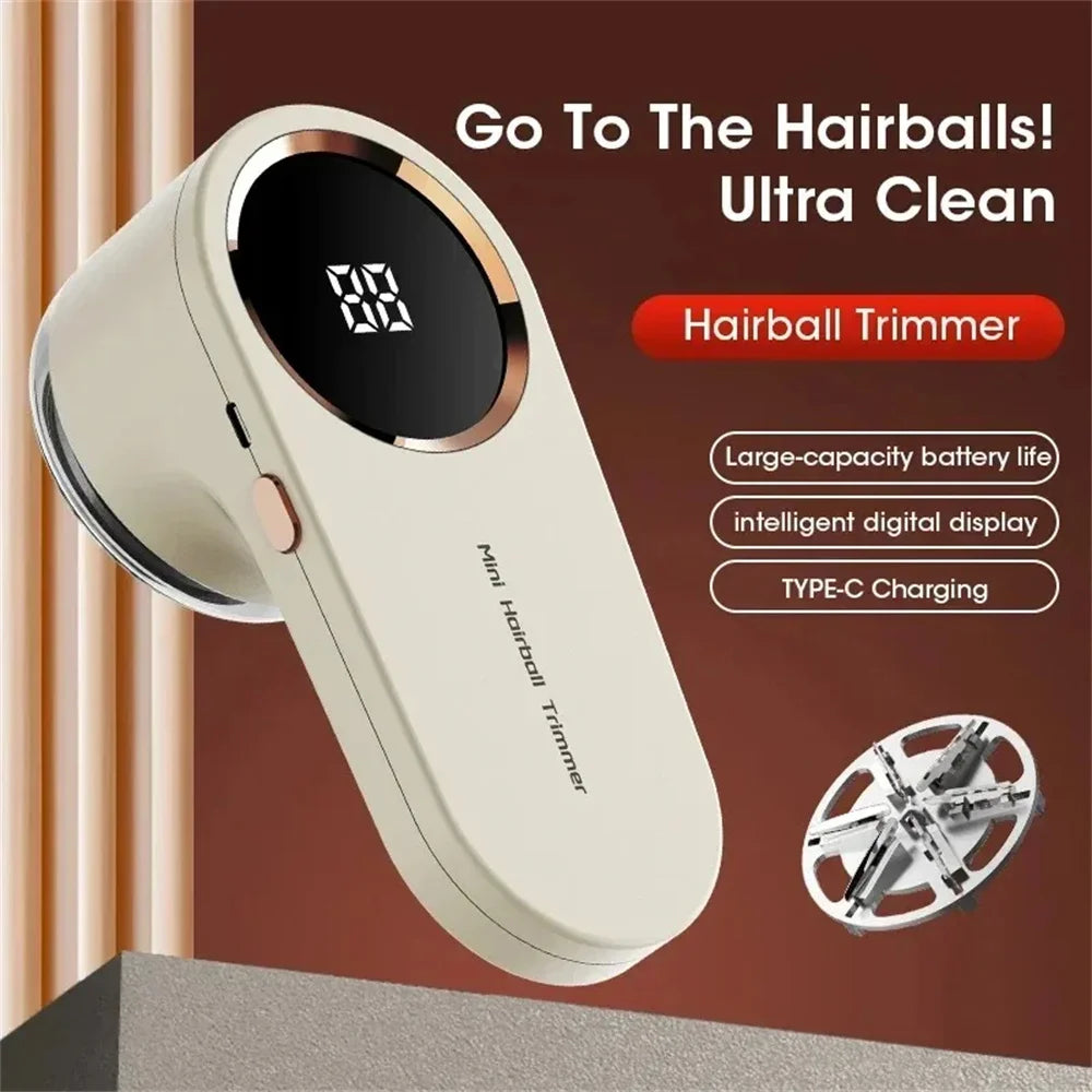 Portable lint remover with digital display for removing hairballs and fuzz from clothing.