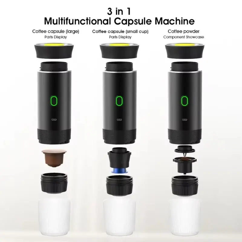 Portable espresso coffee maker for travel showcasing its 3-in-1 multifunctional capsule machine features.