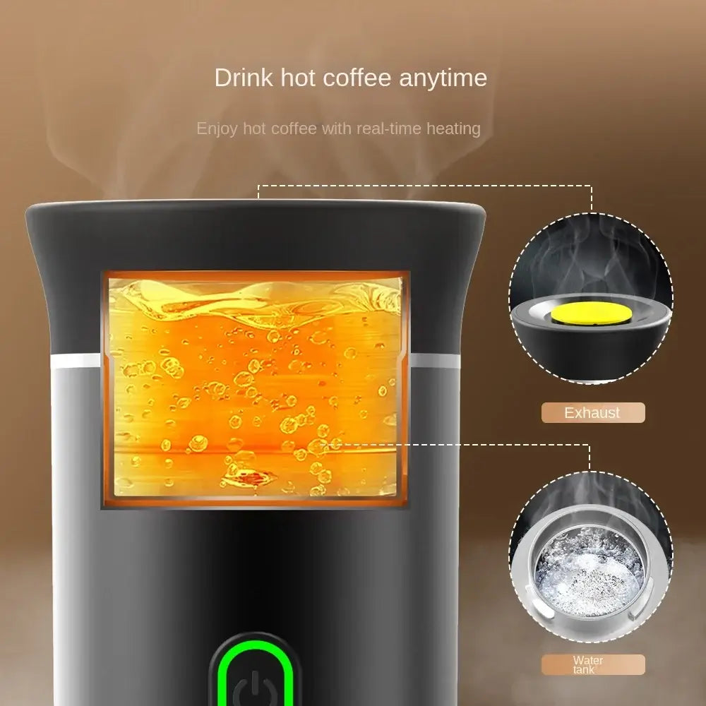 Portable espresso coffee maker for travel showing steam and coffee heating features for on-the-go enjoyment.