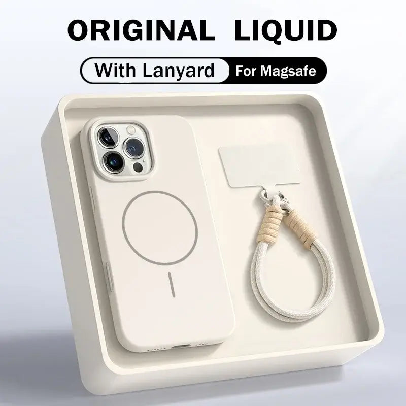 Premium liquid silicone lanyard case for iPhone 17 Pro Max in white, showcasing MagSafe compatibility and lanyard.