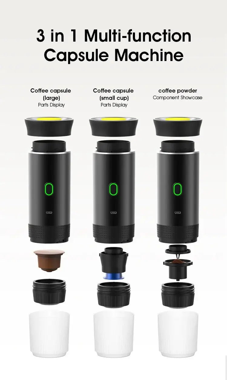 Portable espresso coffee maker for travel showcasing coffee capsules and components in a 3-in-1 design.