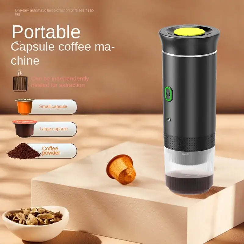 Portable espresso coffee maker for travel on a wooden surface with capsules and coffee powder.
