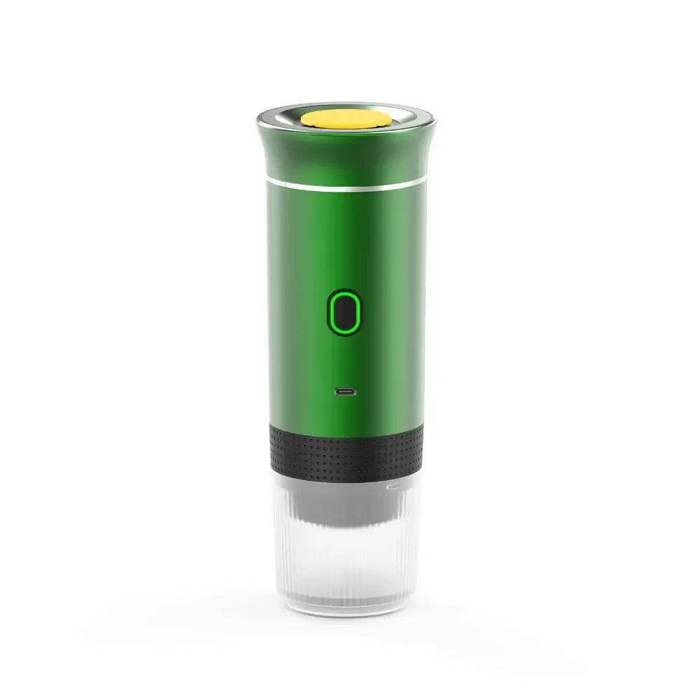 Portable espresso coffee maker for travel in green design with easy-to-use button and USB charging port.