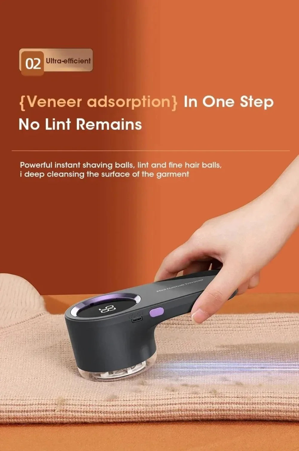 Portable lint remover in use, effectively removing lint and fuzz from fabric surfaces.