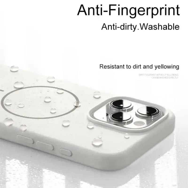Liquid silicone lanyard case for iPhone 17 Pro Max showcasing its anti-fingerprint and washable features.