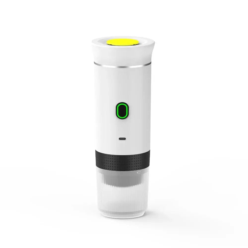 Portable espresso coffee maker for travel in sleek white design with a yellow control button and black base.