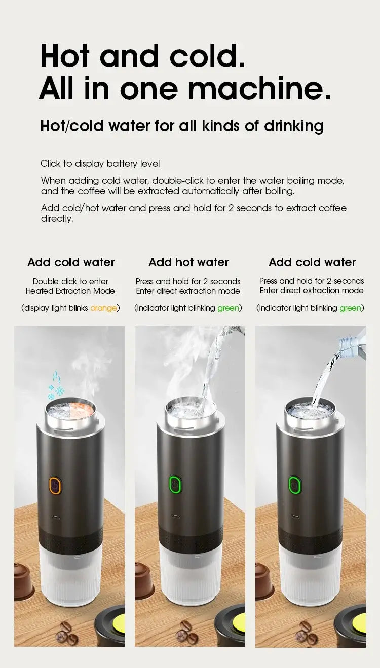 Instructions for using a portable espresso coffee maker for travel; features hot and cold water options.
