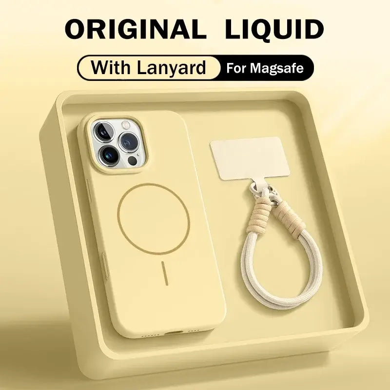 Liquid silicone lanyard case iPhone 17 Pro Max with MagSafe lanyard and card holder in yellow.