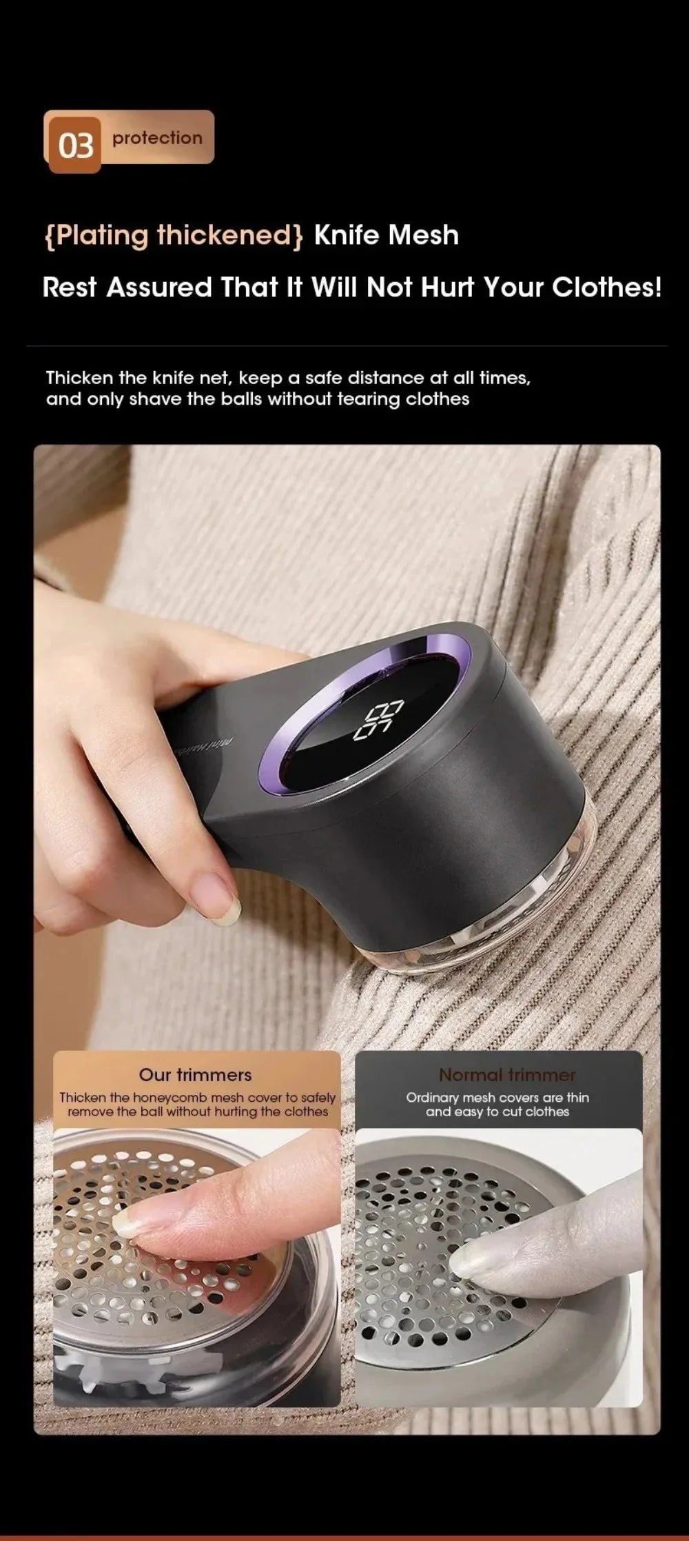 Close-up of a portable lint remover demonstrating its safe knife mesh technology for protecting clothing.